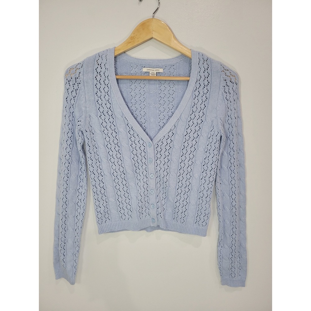 American Eagle Womens Baby Blue Pointelle Cable Knit V-Neck Cardigan Sweater S